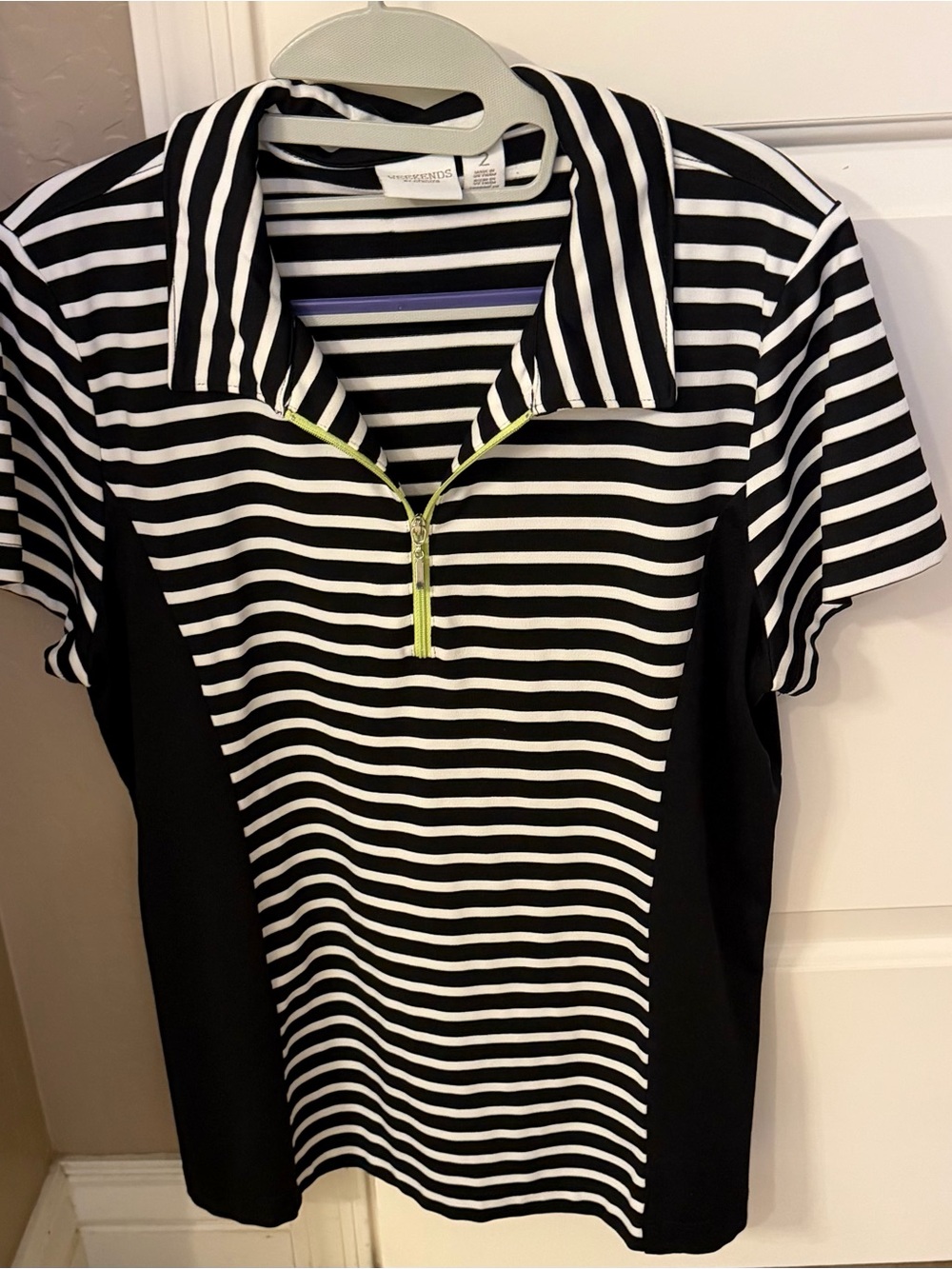 Chico's Black and White Striped Polo with Lime Zip